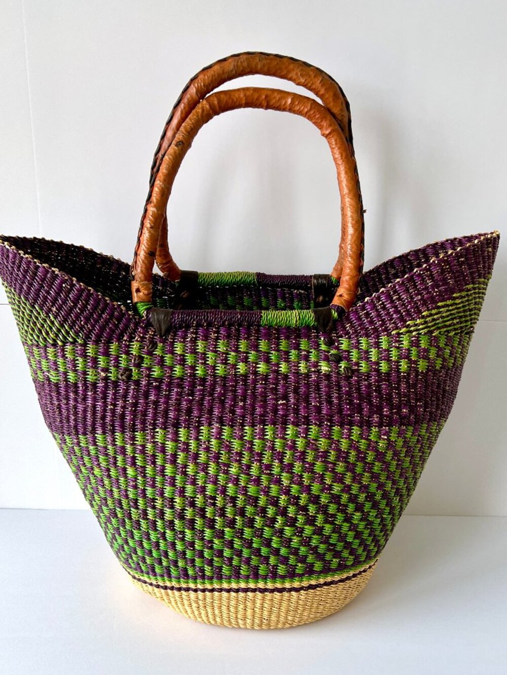 Authentic Handwoven African Bolga U-Shopper Market 19" Large Basket, EC